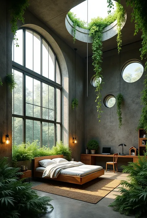 make a brutalist loft room open interior design

full of lush, hanging vines and moss

make a lot of different shape

add a balcony

big industrial window

make some windows circle 

bed is hanging on vines

add fern

add a computer desk

a cat, cat bed, a...