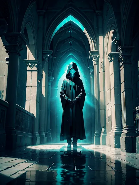 A solitary hooded figure in a long, flowing robe standing at the center of a dark, damp underground corridor. The scene is illuminated by an ethereal turquoise light from above, creating a halo around the figure. The environment is mysterious and supernatu...