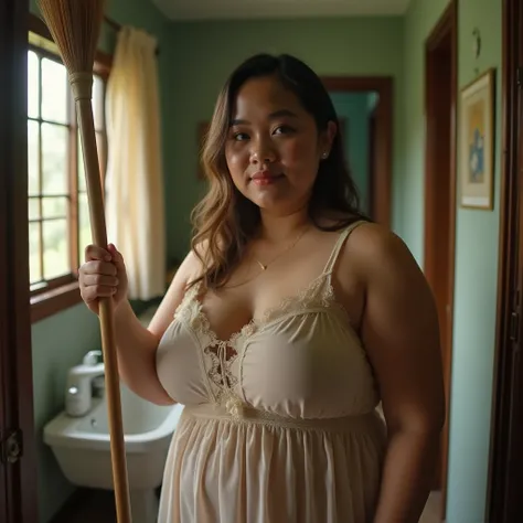 a beautiful indonesian woman, chubby, big breasts, wearing wet sheer housedress, cleaning the house, holding broom in the living room,  look at the viewer, natural light, realistic photography, wide angle shot, detailed facial features, intricate clothing ...