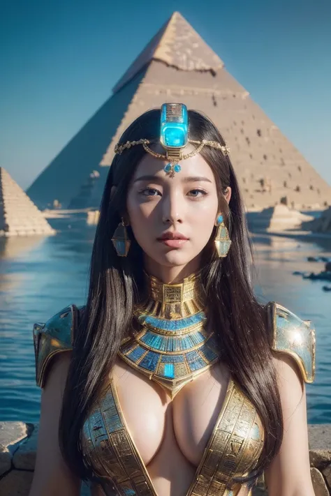 ((Highest quality、8k、masterpiece:1.3))、Photorealistic, Sharp focus, high resolution, High resolution, Portraiture, One person, woman, beautiful woman, sexy、古代エジプトを歩くエジプトのwoman戦士、Complex technology, Pyramids and ancient Egyptian cities far away、cyber-、Light...