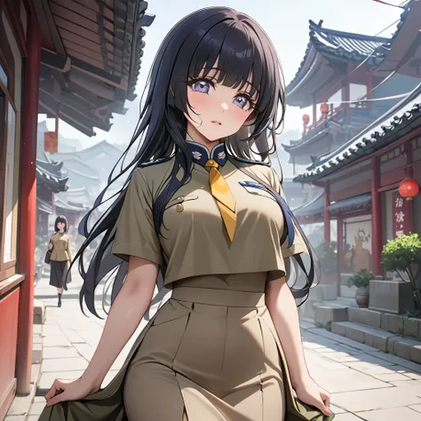 ((Highest quality)), ((masterpiece)), (detailed), （Perfect Face）、The woman is Reika Aoki with semi-long hair、In China, women wear khaki Mao suits and long khaki tight skirts.