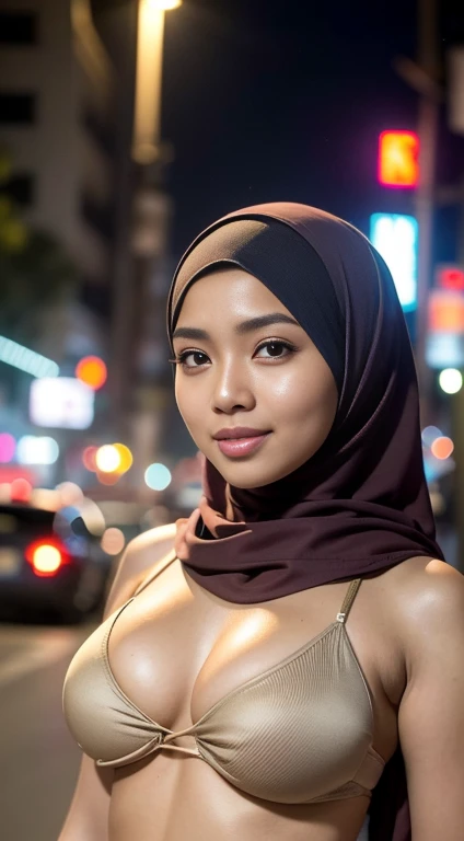 RAW, Best quality, high resolution, masterpiece: 1.3), beautiful Malay woman on hijab (iu:0.8),1 matured malay girl in hijab, surabaya street,morning, cityscape,city lights,upper body,close-up,smile,big breast,micro bikini ,sexy girl (8k, RAW photo, best q...