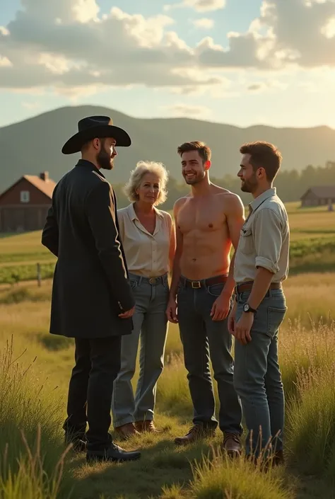 A handsome attractive man with a hat and a black cowboy dress getting out of a car with a young handsome shirtless skinny white gay man introducing his grandparents to his boyfriends on a farm