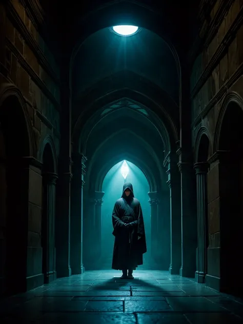 A solitary hooded figure in a long, flowing robe standing at the center of a dark, damp underground corridor. The scene is illuminated by an ethereal turquoise light from above, creating a halo around the figure. The environment is mysterious and supernatu...