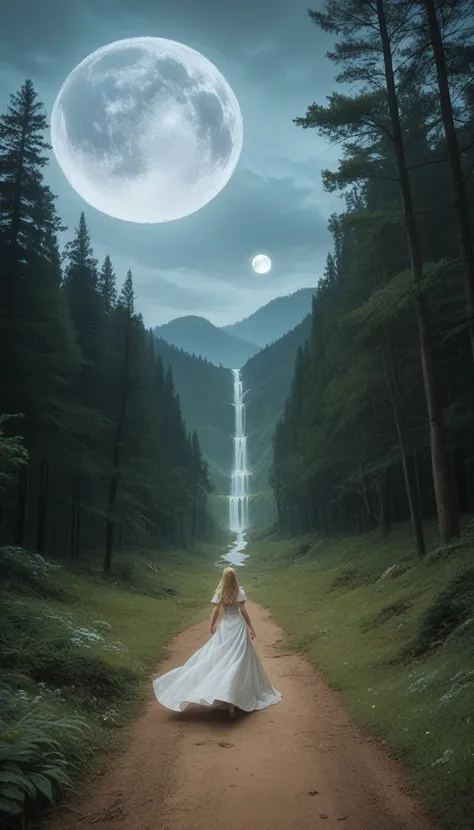 surreal landscape, masterpiece, ultra detailed, 8k definition, beautiful face, 1 elf in a revealing dress, with a large G cup, walking on a small stream, in front of a mythical forest, Full of trees with faces of agony infused with glitter., Flying creatur...