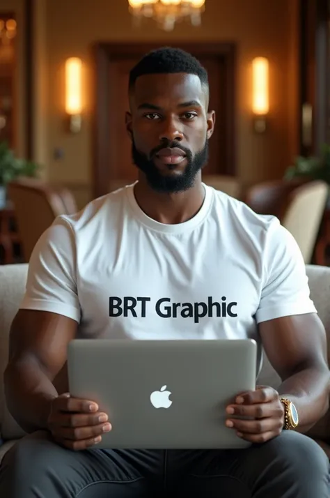 Un jeune homme africain porte un t-shirt blanc écrit au dessus Brt graphic avec un ordinateur portable de marque Apple dans sa main assis dans un lieu luxueuse 