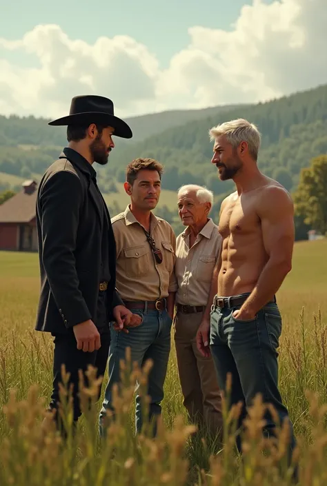 A handsome attractive man with a hat and a black cowboy dress getting out of a car with a young handsome shirtless skinny white gay man introducing his grandparents to his boyfriends on a farm