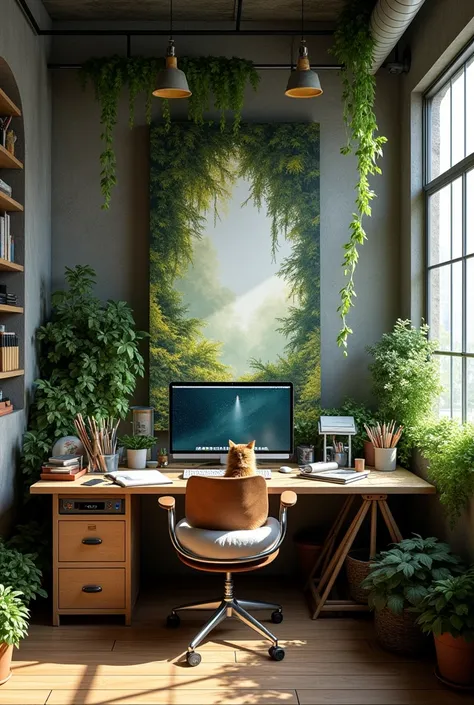 make a brutalist computer desk with lots of art materials

add a canvas 

full of lush, hanging vines and moss

make a lot of different shape

big industrial window

make some windows circle 

bed is hanging on vines

add fern

add a computer desk

a cat, ...