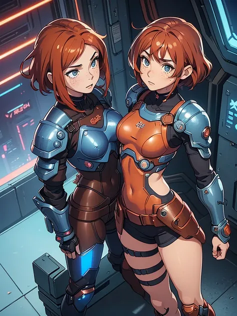 (masterpiece), (best quality), ((one girl)),((red copper hair)),(brown eyes),short hair, curly hair, anime style, freckles, (small breast), (petite figure), legs,(cyberpunk),(blue cyberpunk armor) (full blue body armor),(full leg armor),(almond eyes),(tan ...