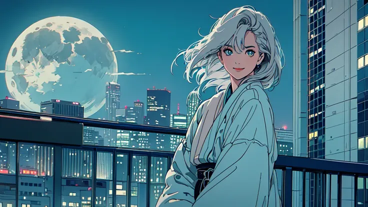 (masterpiece), highest quality, Cyan eyes, Light grey hair, Expressive eyes, Jorhaya, Looking out from the balcony of a high-rise apartment building, 80s Japanese style woman, Night Sky, Cityscape, View Viewer, City lights, Dramatic Light, Calm face,Smilin...