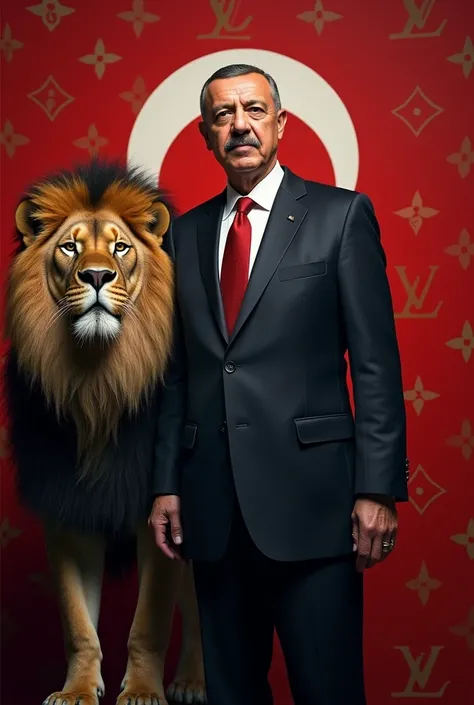 Erdogan in suit with a lion and louis Vuitton Monogram Background 