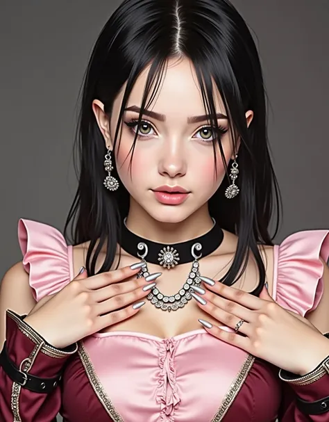 RAW photo, best quality, masterpiece, photorealistic, Polish girl, 20 years old, black hair, Light grey eyes, short bob cut, hair in 7 thirds, hair over one ear, Symmetrical eyes, pale skin, Big Breasts, rip gloss, 