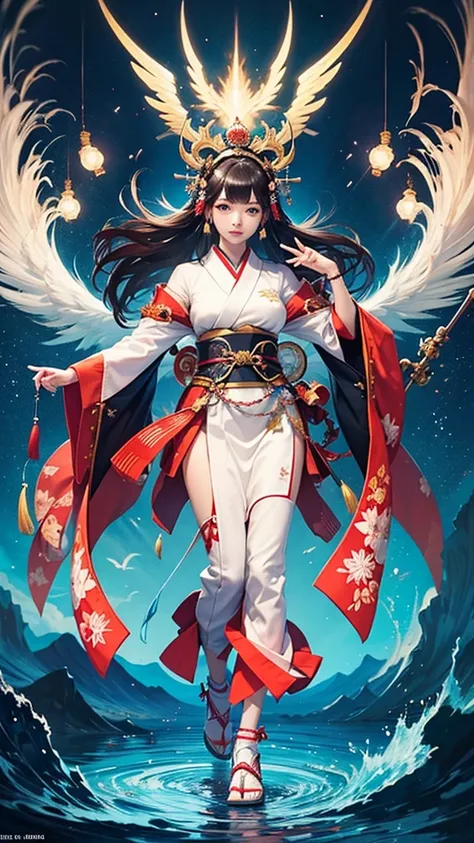 I would like a Japanese woman to create an image of a Japanese god on her back. I want you to pay attention to detail. Im a professional graphic designer. High quality CG. Full body