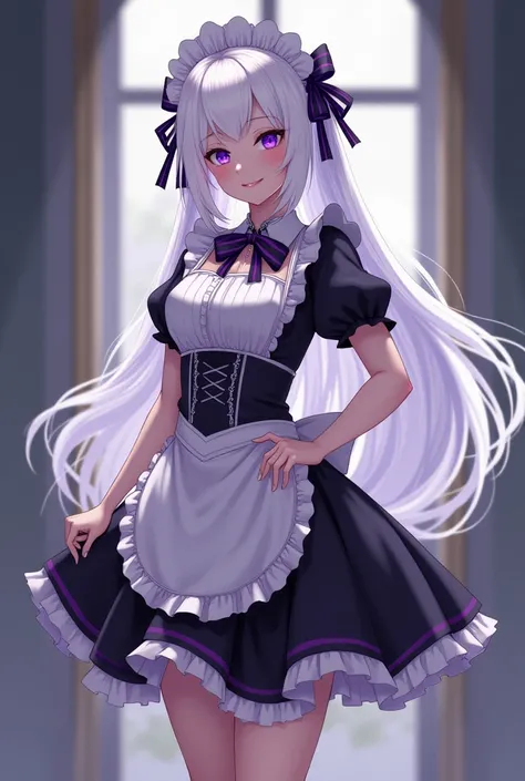 White hair girl purple eyes Maid short skirt heels