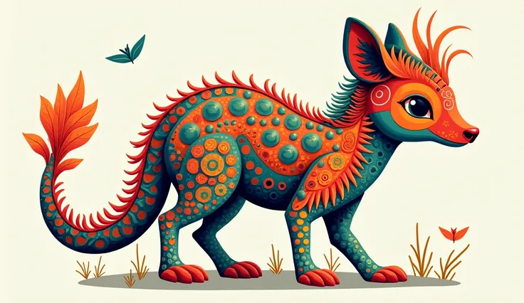 "Create an illustration of an imaginary animal alebrije formed from the mixture of several animals that can belong to any animal kingdom. They combine in a single being, physiognomic elements of various animals, both real and imaginary,