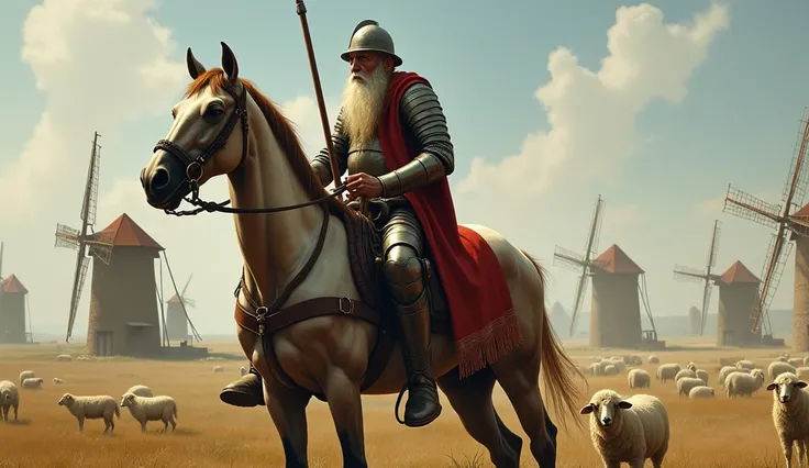 don quixote, man old, skinny, tired with white beard, armor and helmet, holding a spear, montado em um cavalo skinny e doente e cansado em um local cheio de moinhos e ovelhas