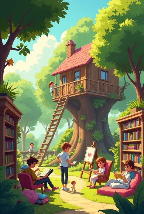 A vibrant outdoor scene features a father standing next to a large treehouse he has just built. Nearby, an artist is sitting at an easel, drawing a picture for a small child who is watching closely. In another part of the scene, a nurse is gently giving me...