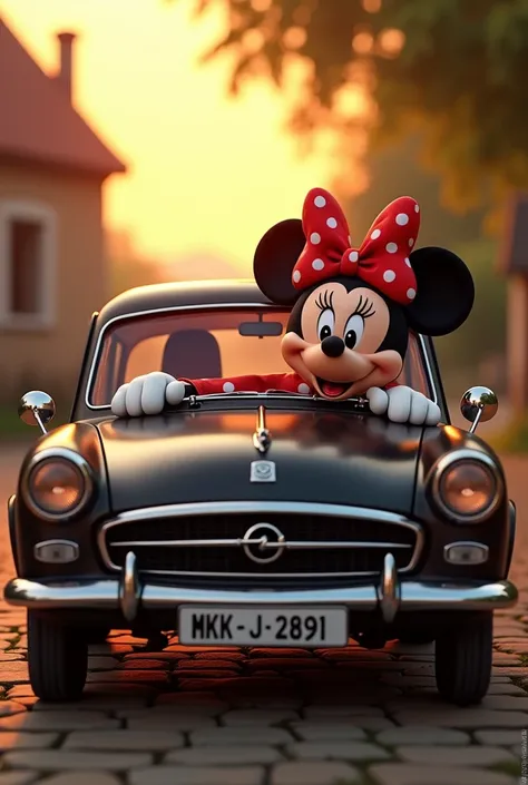 Minnie mouse with black opel corsa e german license plate MKK J 2891 at sunset in love