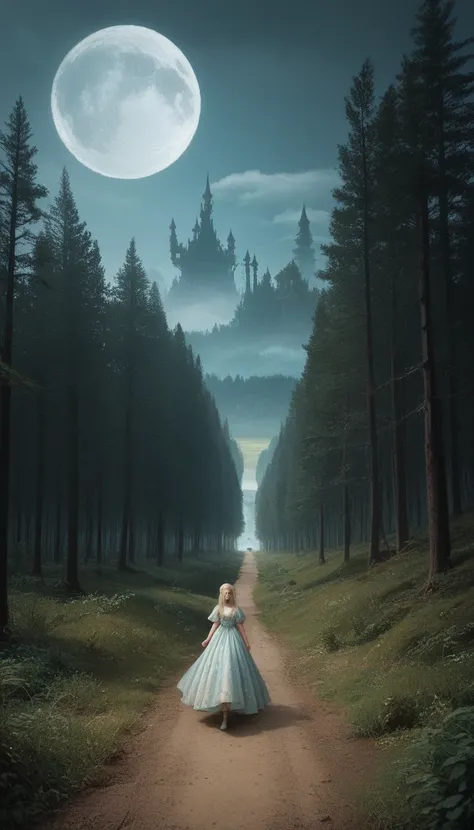 Surreal landscape, masterpiece, ultra detailed, 8k definition, Beautiful face, 1 elf in a revealing dress, with a large G cup, walking on a small stream, in front of a mythical forest, Full of trees with faces of agony infused with glitter., Flying creatur...