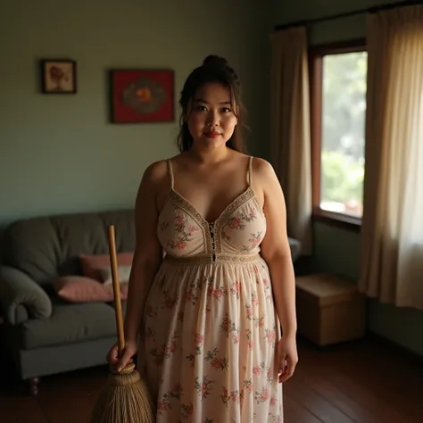 a beautiful indonesian woman, curvacious, tied hair, huge breasted, wearing sheer floral pattern housedress, cleaning the house, holding broom in the living room,  look at the viewer, natural light, realistic photography, wide angle shot, detailed facial f...