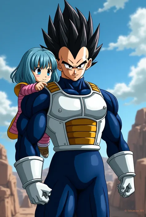 Vegetas hair is standing on end. He was wearing a dark blue suit and over it the typical armor that Saiyans wear. against his daughter Bura, right, Dragon Ball GT Bura, girl with light blue hair, blue eyes, dark blue suit, typical armor worn by Saiyans, lo...