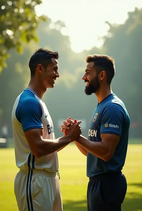 Ronaldo holding hand of Virat kohli and smiling 