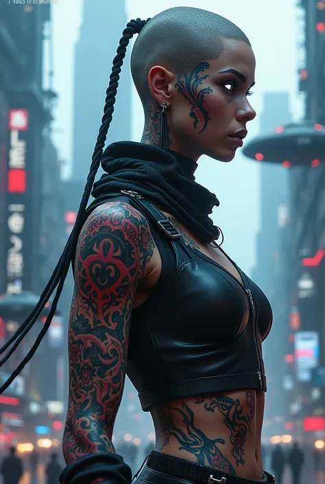 Generate a hyper realistic tattooed neon cyberpunk woman, glowing gray eyes in a futuristic city with tall skyscrapers and aircraft flying over the neon sky.