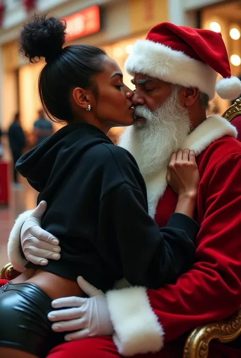 black woman hair in a bun black hoodie black leather short shorts excited and eyes wide open on her face setting in santa claus lap at the mall 8k
backside view low angle on top of santa french kissing and santa got his hands around her waist 