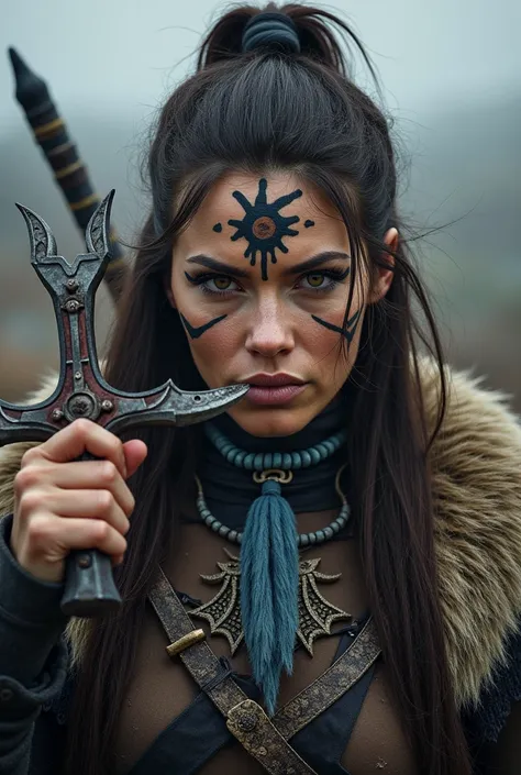 Nordic warrior close-up, small sword in hand, brunette woman, sword next to the face, large head ornament , blue neck necklace, tattoo in face, stones