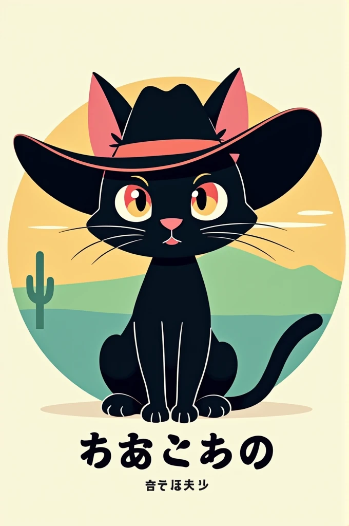 a cartoon style logo of a black cat wearing a black cowboy hat, all within a circle with the lime green colors, pastel pink and sky blue with the word Mexapon in Japanese typography at the bottom