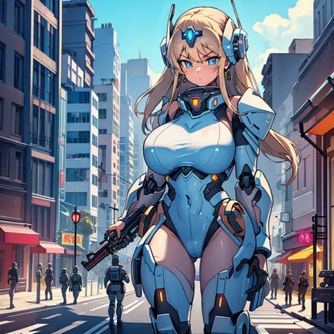 Electronic illustrations of women with mechanized armor and guns in outer space, one girl, breasts, ships, weapons, military vehicles, mecha girls, guns, big breasts, space battleships, science fiction, aircraft, cleavage, weapons hold and look at the view...