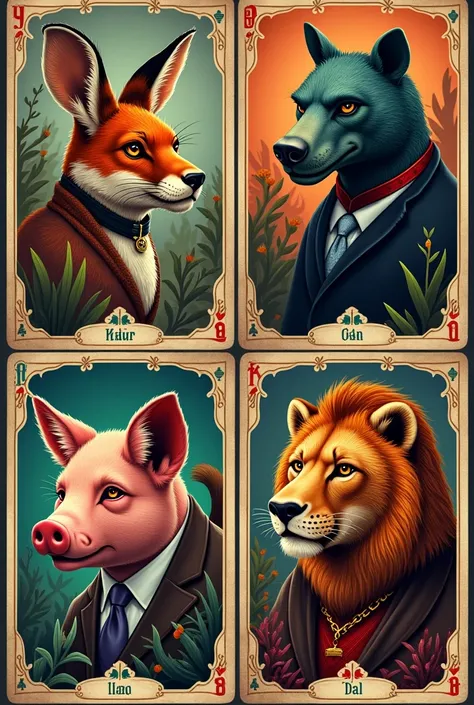 I want you to make a deck of cards inspired by Coup, but with animals like hare, alligator, red fox, bear, pig, lion with the characteristics and captions of the characters of coup 