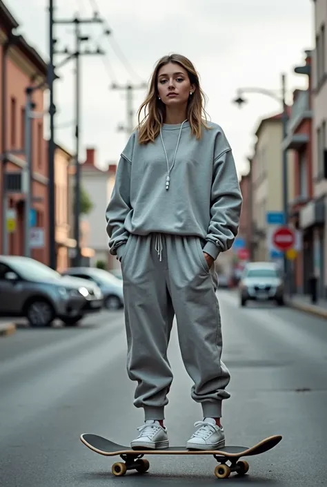 one young woman, skatist, wearing street style, wearing white ear pods, skating cruising in a relaxed posture standing still,  she`s by street scenario, she`s wearing sweat pants, shot taken with 25mm lens, shot taken with kanon 28D
