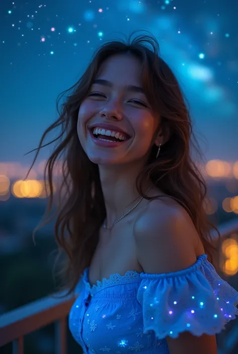 an 1 woman, tender, extremely beautiful with brown hair and honey-colored eyes, laughing happily, full lips, with freckles, lip gloss, small nose, phosphorescent light, with a bright blue dress, on a balcony at night, meteor shower 