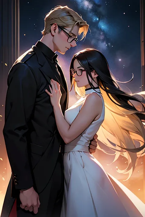 Romance book cover, with the name Flow of time Silhouette of a young adult couple Tall blond boy, wears glasses girl has long black hair and she wears glasses Background with universe depicting time