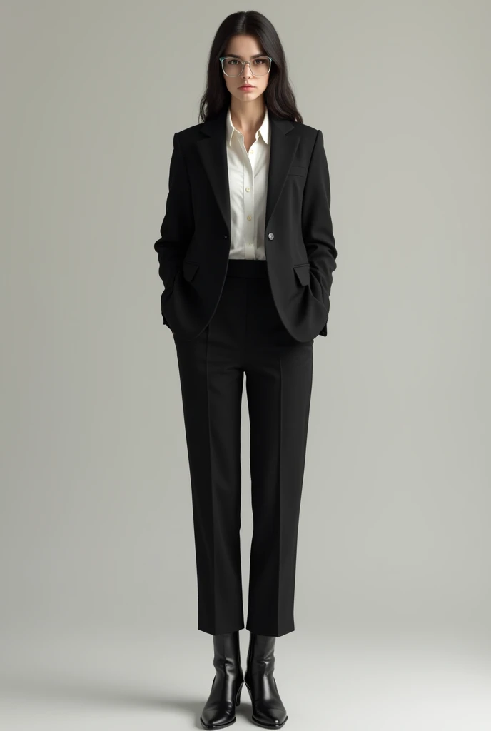 Woman with long dark hair, skin fair, wearing a suit with a closed blazer and pants, color black, white shirt underneath and black low-heeled boots and light-colored square glasses.