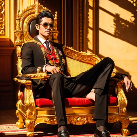 a Myanmar boss man,sitting one man godern royal seat,gold reflection crown,sun glasses,Myanmar traditional longyi,smoking,handsome,sun lighting,black shoes,8k resolution 