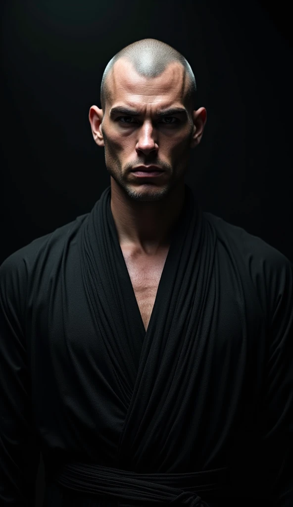 {A hyper-realistic close-up shot of a young Lord Sith, capturing the region from his chest to the top of his head. The Lord Sith stands with a powerful and commanding presence, facing the viewer directly with a serious and intimidating expression. He has a...