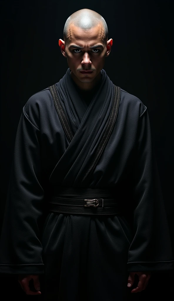 {A hyper-realistic close-up shot of a young Lord Sith, capturing the region from his chest to the top of his head. The Lord Sith stands with a powerful and commanding presence, facing the viewer directly with a serious and intimidating expression. He has a...