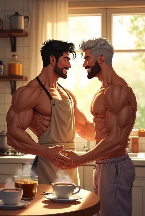 Highest quality、masterpiece、(Two manly young men:1.5)、A muscular man with black hair wearing a nude apron、A gray-haired, muscular man in pajamas、(short hair:1.2)、kitchen、Light of the sun、Breakfast and coffee on the table、Talking happily、Gay