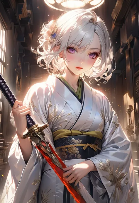 beautiful anime character, beautiful soft studio light, rim light, vibrant details,luxurious, lace, hyper-realistic, white hair, holding a sword  , wearing kimono