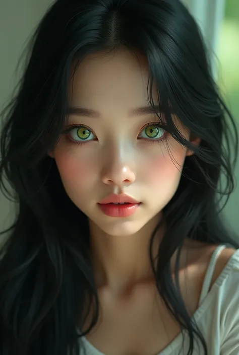 Beautiful girl with light green eyes and black hair 