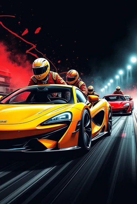 

"Create a high-resolution illustration in format 3:2 for an automotive shop mural. The image must feature a vibrant and dynamic scene featuring motorsport characters, including drivers in racing suits and sports cars in action. The background should be p...