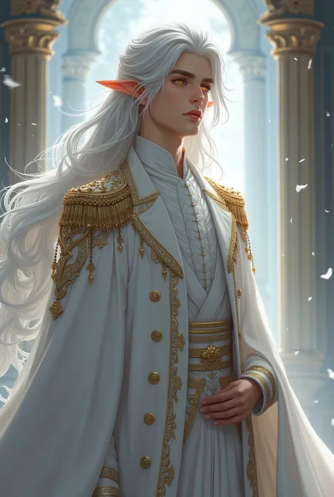 Sesshomaru Taisho a handsome king with the appearance of an angelic elf , with golden eyes and silver hair, dressed in a Victorian way 