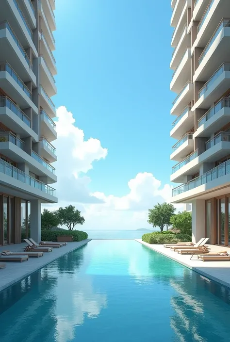 Two beautiful 10-story buildings, with balconies, a long pool with crystal clear water all the way to the bottom, dividing the distance between the two buildings, blue sky, few clouds. no trees,  