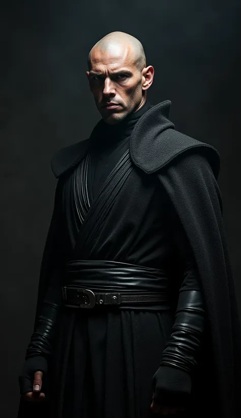 {A hyper-realistic close-up shot of a young Lord Sith, capturing the region from his chest to the top of his head. The Lord Sith stands with a powerful and commanding presence, facing the viewer directly with a serious and intimidating expression. He has a...