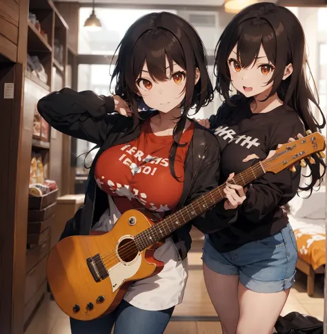 2 female, brown long messy anime hair, huge breast, thick legs, brown eyes, thick eyebrows, black jacket, red t-shirt, jeans, hotel room, touching, licking, guitar