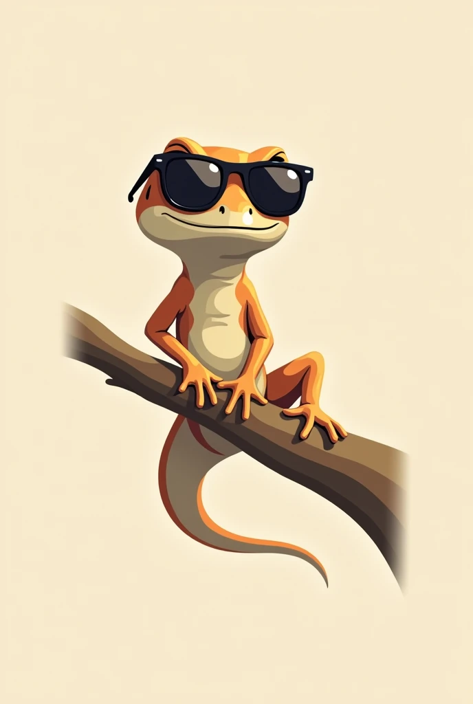 a lizard sunbathing leaning on a tree branch with sunglasses, designed logo style
