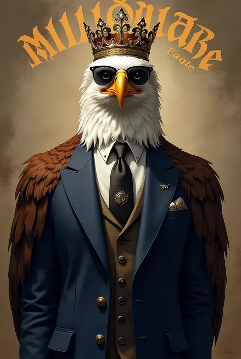 Create an eagle with sunglasses, dressed in a suit, with an imposing posture and a king&#39;s crown on his head with the acronym FB.
Place a medieval script with the phrase “Millionaire Eagle”