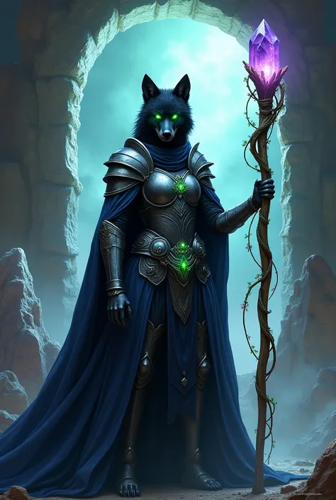  black female werewolf with green eyes wearing a ceremonial navy blue cape and smooth, simple, shiny angelic silver armor. She holds a wooden staff with a vine wrapped around it and a purple crystal at the end.. She stands in front of a dimensional portal ...